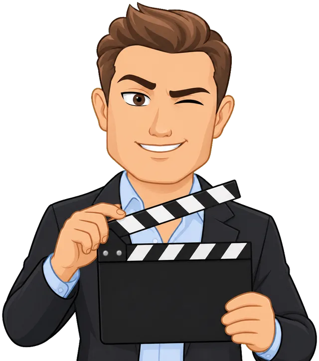 Mr. Talero holding a clapperboard, ready to film